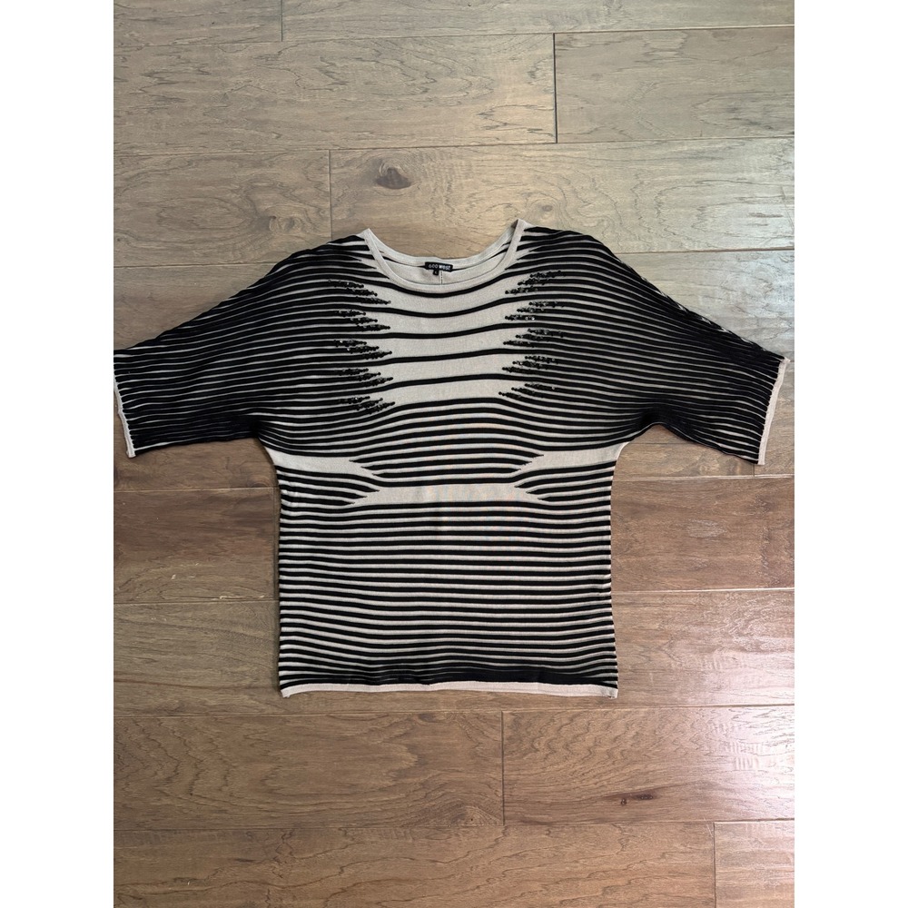 600 West Womens Black Beige‎ Striped Sequin Dolman Knit Top Large W300937